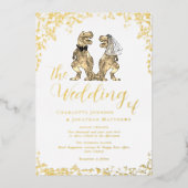 Dinosaur Bride and Groom Wedding White and Gold Folie Uitnodiging (Voorkant)