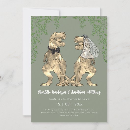 Dinosaur Bride & Groom Sage Green Wedding QR Code Kaart (Voorkant)