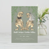 Dinosaur Bride & Groom Sage Green Wedding QR Code Kaart (Staand voorkant)