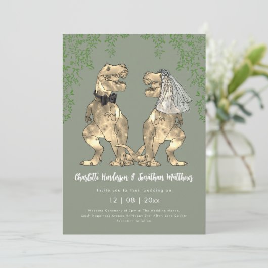 Dinosaur Bride & Groom Sage Green Wedding QR Code Kaart (Staand voorkant)