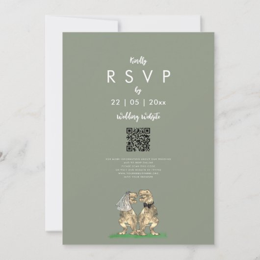 Dinosaur Bride & Groom Sage Green Wedding QR Code  Kaart (Achterkant)