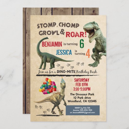 Dinosaur broer of zus verjaardagsuitnodiging 2 nam kaart (Voorkant / Achterkant)