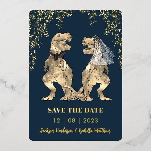 Dinosaur Bruid & Bruidegom Wedding Save the Date G Folie Uitnodiging (Voorkant)