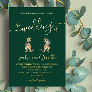 Dinosaur bruiloft T-Rex Bruid en Groom Green Gold Folie Uitnodiging