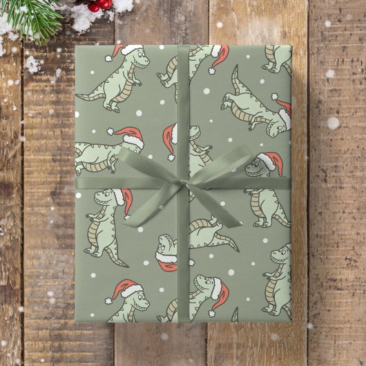 Dinosaur Christmas Boy Santa Claus Dino T-Rex Sage Cadeaupapier