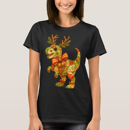 Dinosaur Christmas Season Patchwork T-rex Squad Fa T-shirt (Voorkant)