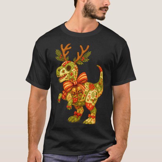 Dinosaur Christmas Season Patchwork T-rex Squad Fa T-shirt (Voorkant)