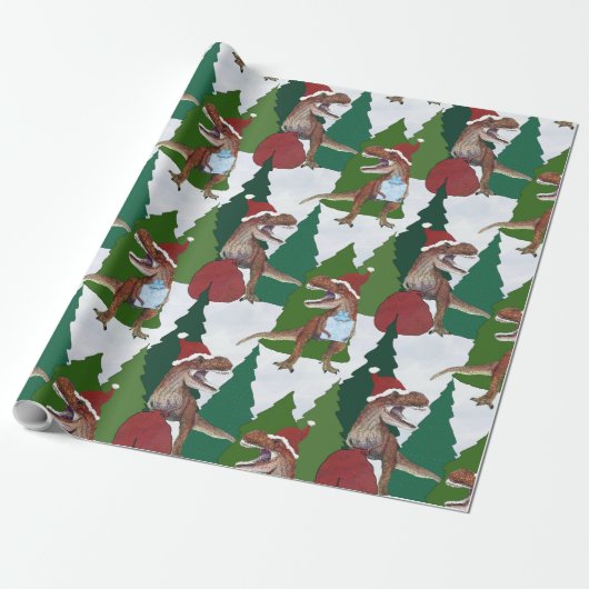 Dinosaur Christmas T-Rex Santa Cadeaupapier (Uitgerold)