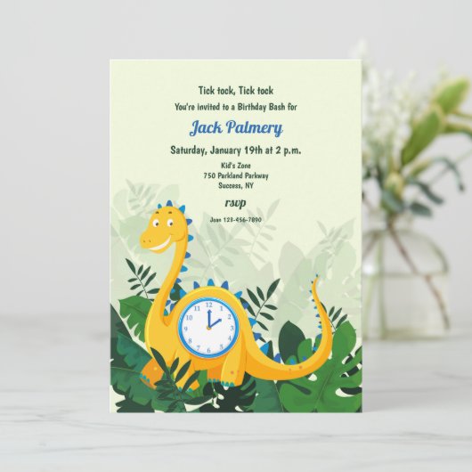 Dinosaur Clock Party Invitation (U beweegt handen) Kaart (Staand voorkant)