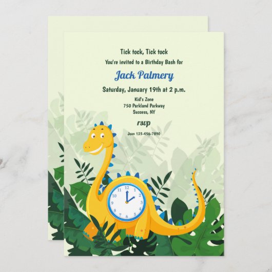 Dinosaur Clock Party Invitation (U beweegt handen) Kaart (Voorkant / Achterkant)