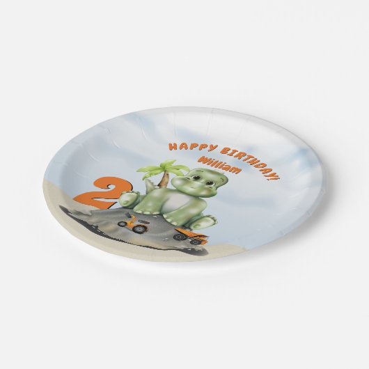 Dinosaur Construction Boy Birthday Papieren Bordje (Gekanteld)