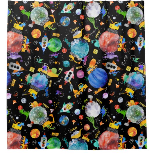 Dinosaur Construction Crew Buitenspatie Astronauts Douchegordijn (Voorkant)