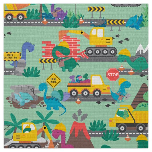 Dinosaur Construction Kinder Cute Pattern Stof (Swatch)