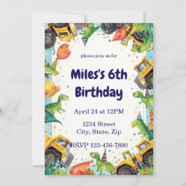 Dinosaur Construction Truck Birthday Invitatio Kaart