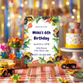 Dinosaur Construction Truck Birthday Invitatio Kaart