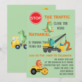 Dinosaur Construction Vehicle 2nd Birthday Party Kaart (Voorkant / Achterkant)