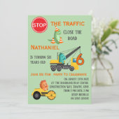 Dinosaur Construction Vehicle 6th Birthday Party Kaart (Staand voorkant)