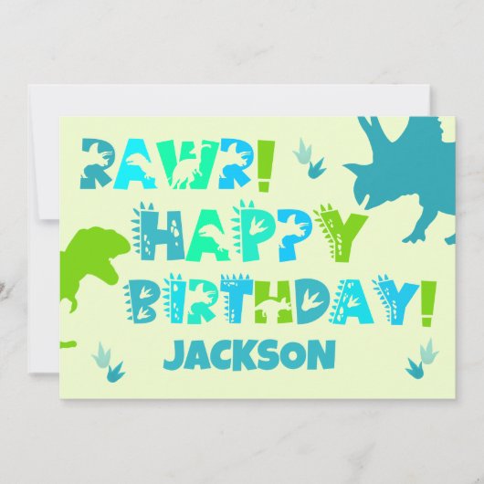 Dinosaur Custom Naam en Tekst Kind Flat Verjaardag Kaart (Voorkant)