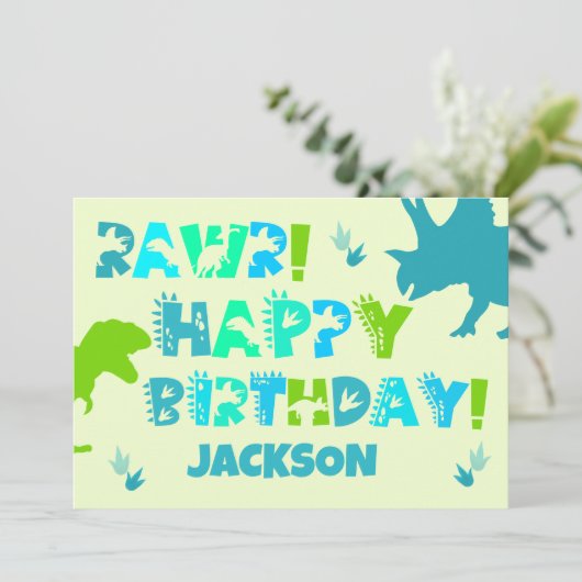 Dinosaur Custom Naam en Tekst Kind Flat Verjaardag Kaart (Staand voorkant)