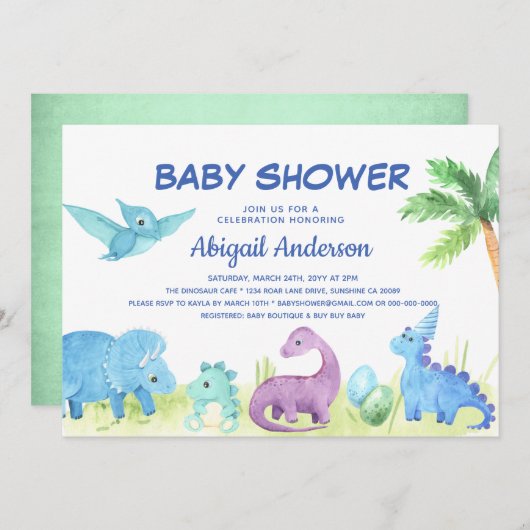 Dinosaur Cute Baby shower Invitation Aankondiging (Voorkant / Achterkant)