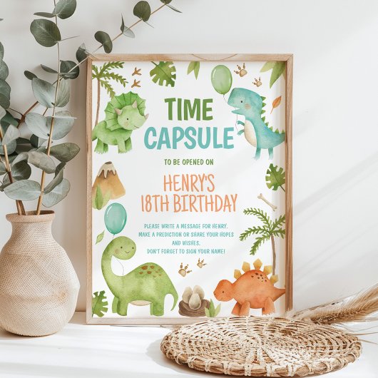 Dinosaur Cute Boy Birthday Party Time Capsule Sign Poster