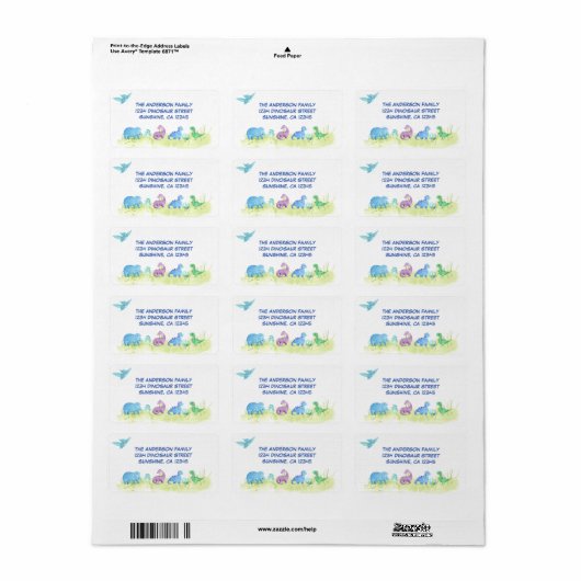 Dinosaur Cute Party Return Address Etiket (Full Sheet)