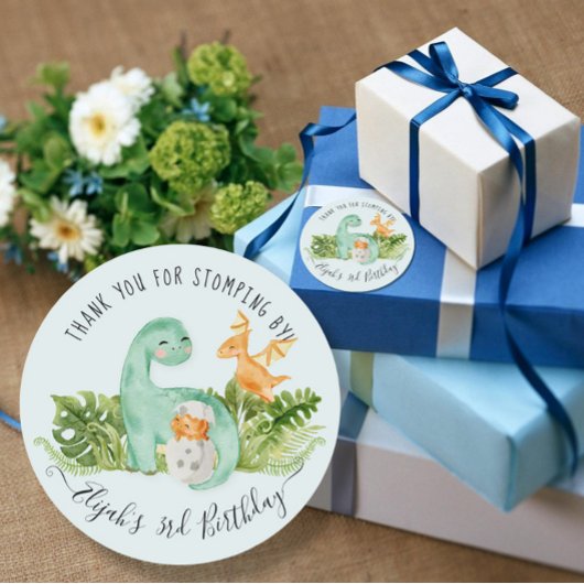 Dinosaur Cute Waterverf Foliage Boy Baby shower C Ronde Sticker
