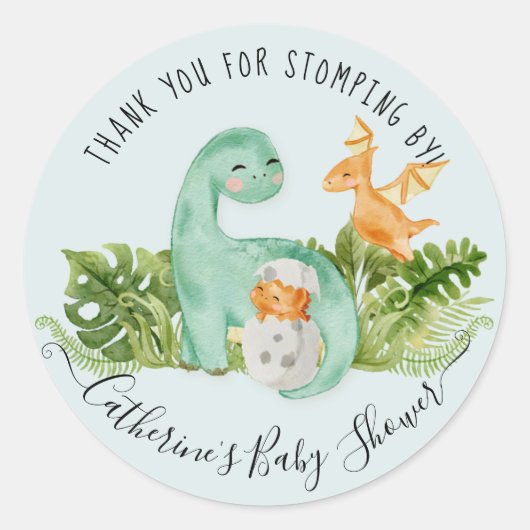 Dinosaur Cute Waterverf Foliage Boy Baby shower Ronde Sticker (Voorkant)
