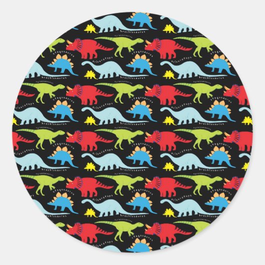 Dinosaur Design Blue Red Green op zwart Ronde Sticker (Voorkant)
