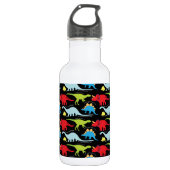 Dinosaur Design Blue Red Green op zwart Waterfles (Voorkant)