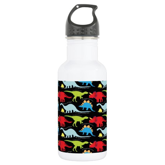 Dinosaur Design Blue Red Green op zwart Waterfles (Voorkant)