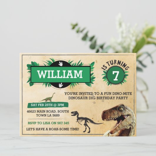Dinosaur Dig Birthday Party Invitation TRex Invite Kaart (Staand voorkant)