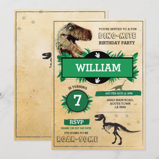 Dinosaur Dig Birthday Party T-Rex Dino Invite Kaart (Voorkant / Achterkant)