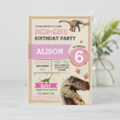 Dinosaur Dig Birthday Party T-Rex Dino Pink Invite Kaart (Staand voorkant)