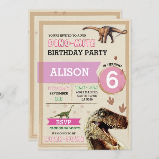 Dinosaur Dig Birthday Party T-Rex Dino Pink Invite Kaart (Voorkant / Achterkant)