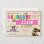 Dinosaur Dig Verjaardagsfeest T-Rex Dino Roze Uitn Kaart (Voorkant)