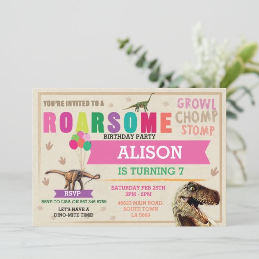 Dinosaur Dig Verjaardagsfeest T-Rex Dino Roze Uitn Kaart (Staand voorkant)