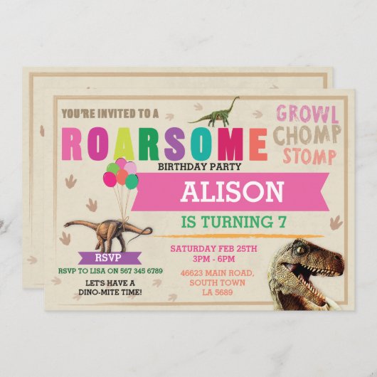 Dinosaur Dig Verjaardagsfeest T-Rex Dino Roze Uitn Kaart (Voorkant / Achterkant)