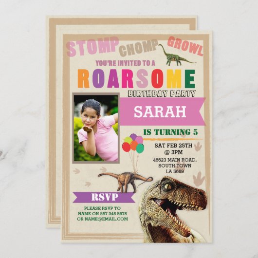 Dinosaur Dig Verjaardagsfeest T-Rex Foto Uitnodige Kaart (Voorkant / Achterkant)