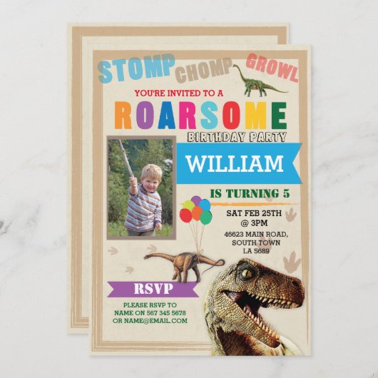 Dinosaur Dig Verjaardagsfeest T-Rex Foto Uitnodige Kaart (Voorkant / Achterkant)