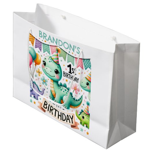 Dinosaur Dino 1e verjaardag Groot Cadeauzakje (Voorkant Gekanteld)