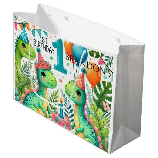 Dinosaur Dino 1e verjaardag Groot Cadeauzakje (Voorkant Gekanteld)