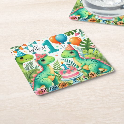 Dinosaur Dino 1e verjaardag Kartonnen Onderzetters (Schuin)