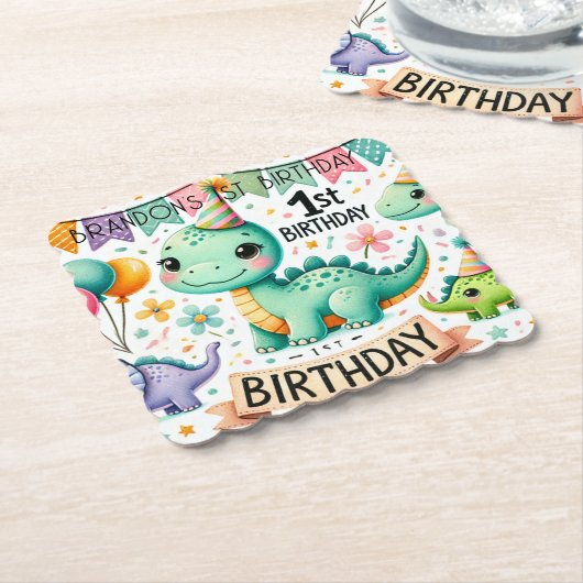 Dinosaur Dino 1e verjaardag Kartonnen Onderzetters (Gebogen)