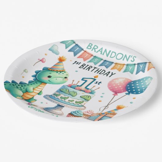 Dinosaur Dino 1e verjaardag Papieren Bordje (Gekanteld)