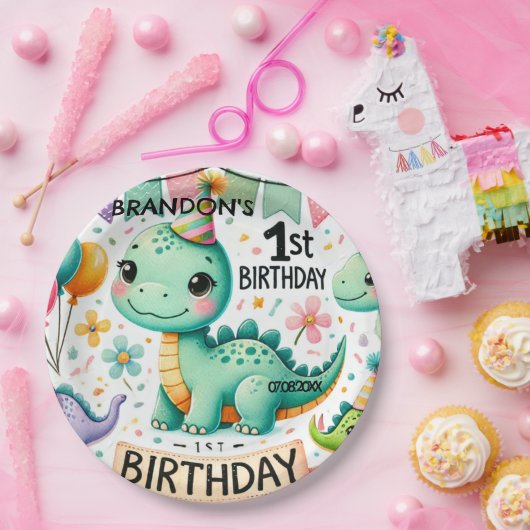 Dinosaur Dino 1e verjaardag Papieren Bordje (Feest)