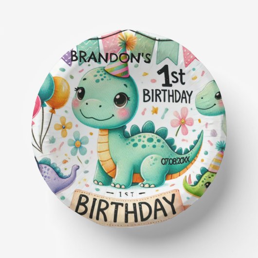 Dinosaur Dino 1e verjaardag Papieren Kommen (Voorkant)
