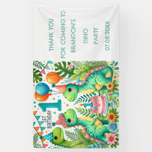 Dinosaur Dino 1e verjaardag Spandoek (Verticaal)