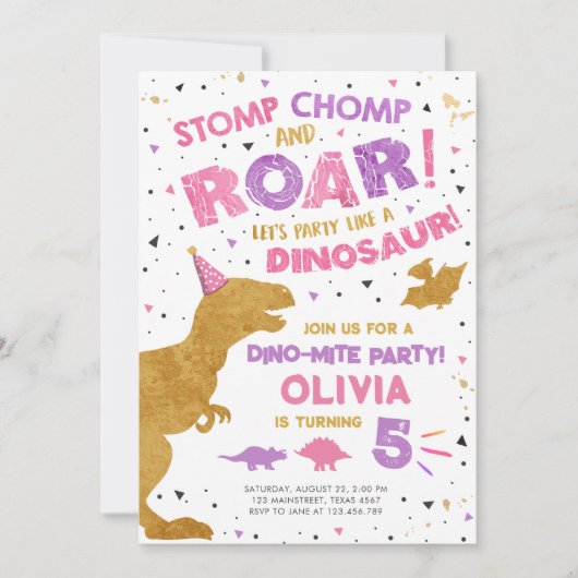 Dinosaur Dino Dig Meisje T-Rex Verjaardagsfeest Kaart (Voorkant)