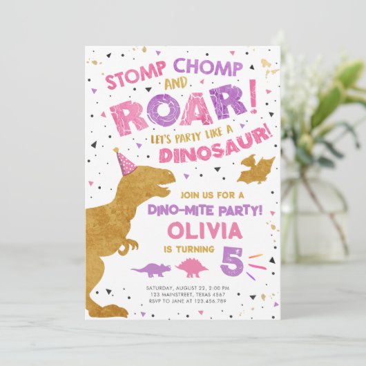 Dinosaur Dino Dig Meisje T-Rex Verjaardagsfeest Kaart (Staand voorkant)